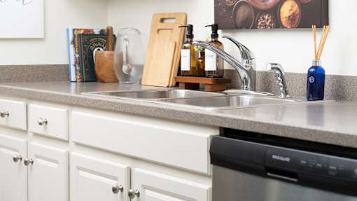 a kitchen counter with a sink and a dishwasher at The Bosk Apartment Homes, Woodbury, MN, 55125