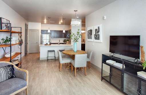 Open Dining and Living Room with Table and TV