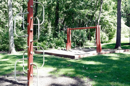 a swing set in a park with trees in the background