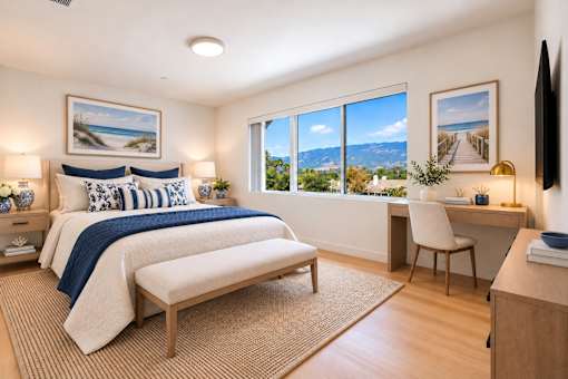A bedroom with a large bed, a desk with a chair, and a window overlooking the beach.