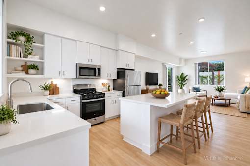 A modern kitchen with white cabinets and a large island.