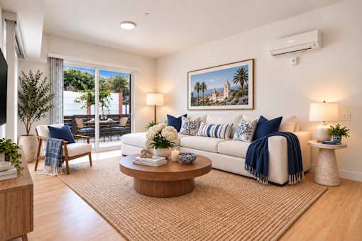 A living room with a white couch, a coffee table, and a painting on the wall.