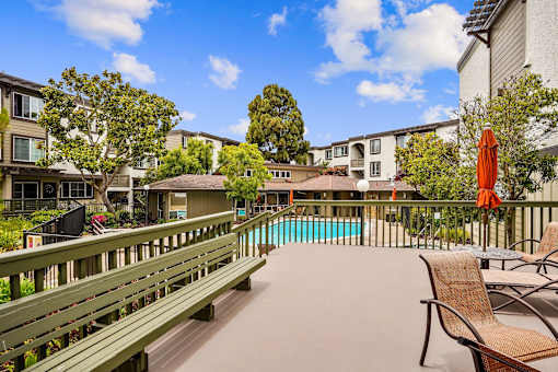 a patio with a pool and chairs and buildings