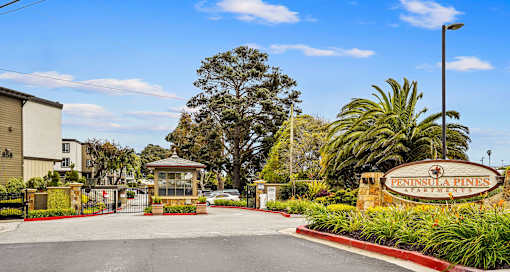 the entrance with a sign and palm trees