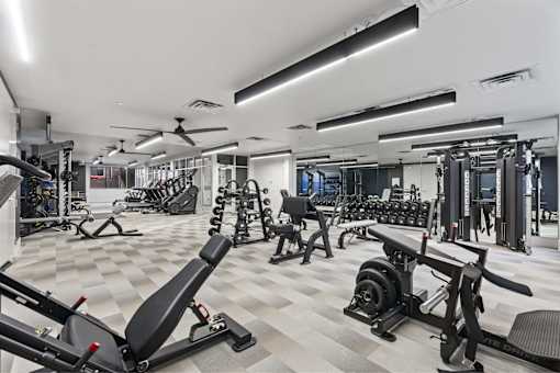 A spacious gym with a variety of equipment including treadmills, weights, and exercise machines.