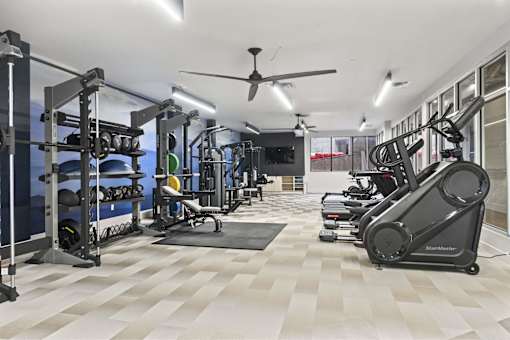 A gym with a variety of equipment including a treadmill, weights, and a bench press.