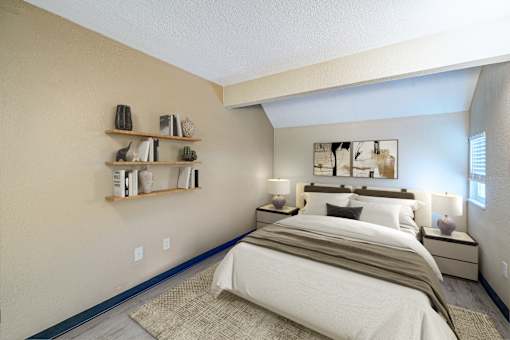 A bedroom with a large bed and a shelf with decorative items.