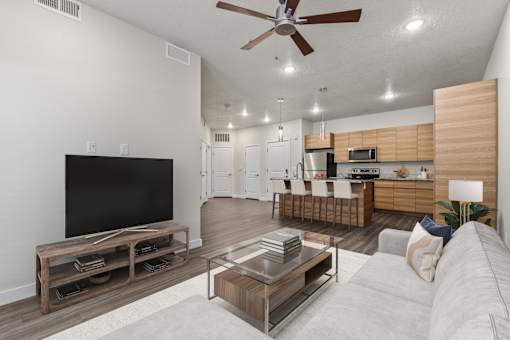 A modern living room with a flat screen TV and a kitchen area in the background.