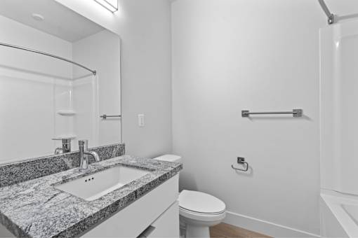 A bathroom with a sink, toilet, and a shower.