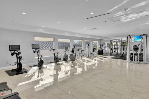 a gym with cardio machines and weights in a large room