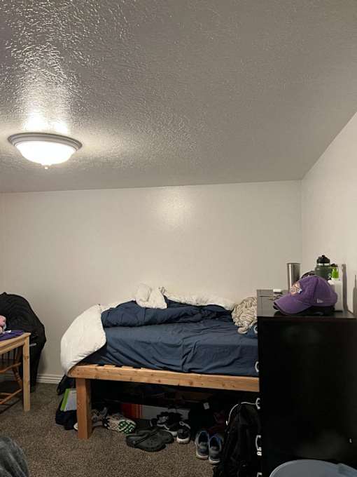 A bedroom with a bed, a desk, and a chair.