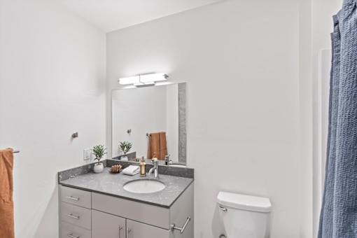 A bathroom with a sink, mirror, and toilet.