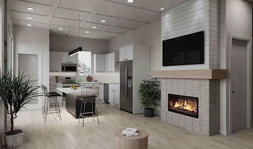 A modern kitchen with a fireplace and a TV mounted above it.at Alante Homes at Spring Run, Caldwell, ID