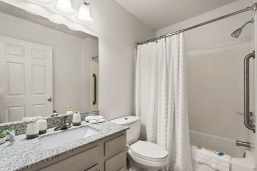 a bathroom with a shower toilet and sink and a mirror