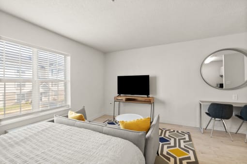 a bedroom with a bed and a tv and a mirror