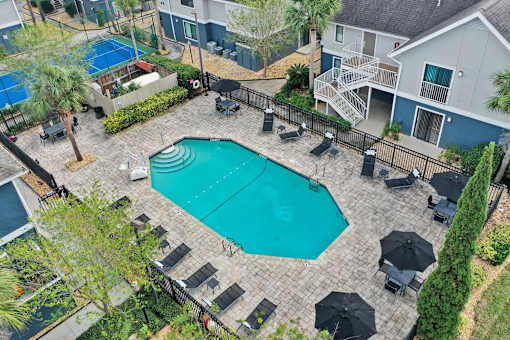 A swimming pool surrounded by black umbrellas and chairs.