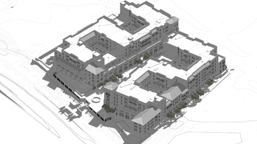 A black and white architectural drawing of a building complex at Bautista Apartments, Arizona