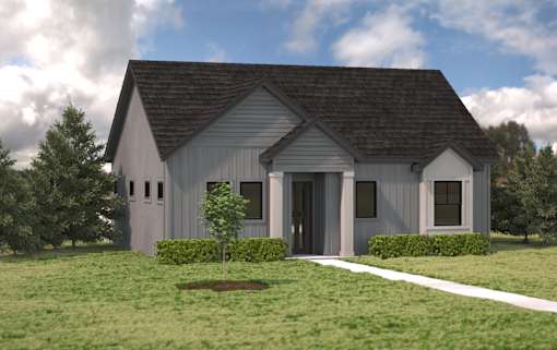 A modern house with a grey exterior and a black roof.at Alante Homes at Spring Run, Caldwell