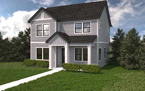 A house with a grey facade and a black roof is surrounded by greenery.at Alante Homes at Spring Run, Idaho, 83607