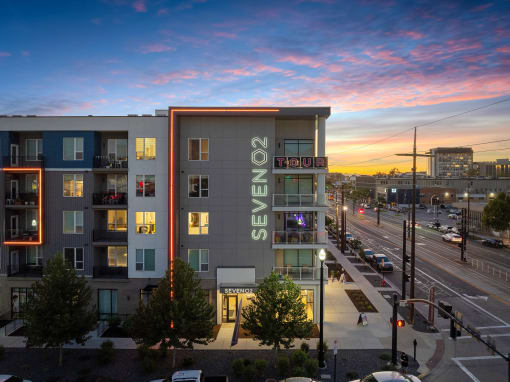 dawn building exterior signage at SevenO2 Main Apartments, Salt Lake City, UT