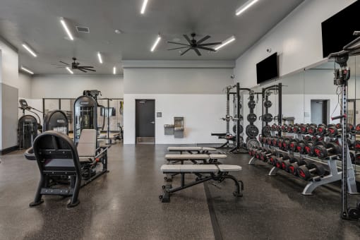 weights with mirrors at SevenO2 Main Apartments, Salt Lake City, Utah