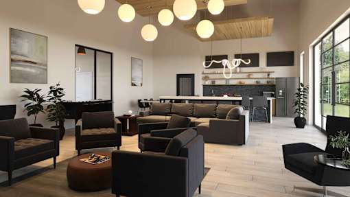 A modern living room with dark furniture and a fireplace.at Alante Homes at Spring Run, Caldwell, 83607
