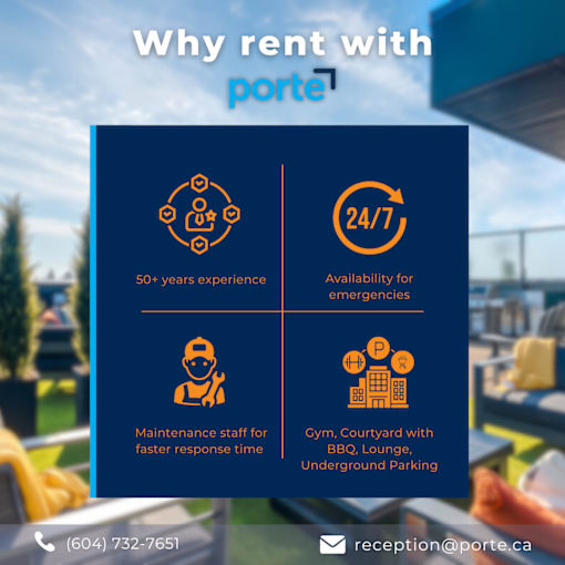 A blue poster advertises the benefits of renting with Porte, including 50 years of experience, 24/7 availability for emergencies, maintenance staff for faster response time, and amenities like a gym, cour