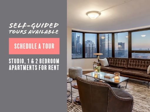 A living room with a couch, chair, and coffee table is shown with text advertising self-guided tours and studio apartments for rent.