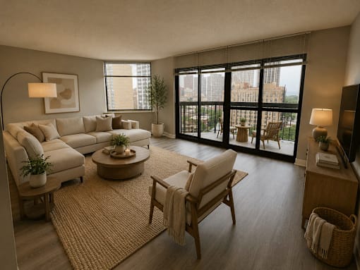 A living room with a large window overlooking a cityscape.