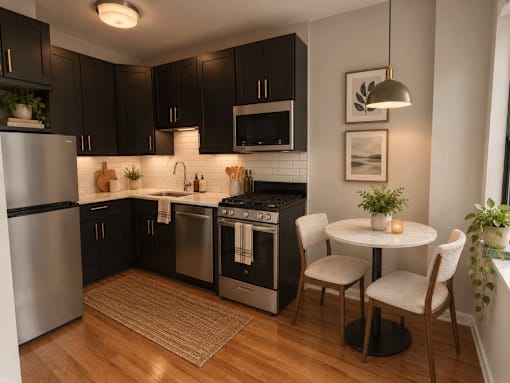 A modern kitchen with dark wood cabinets and stainless steel appliances.