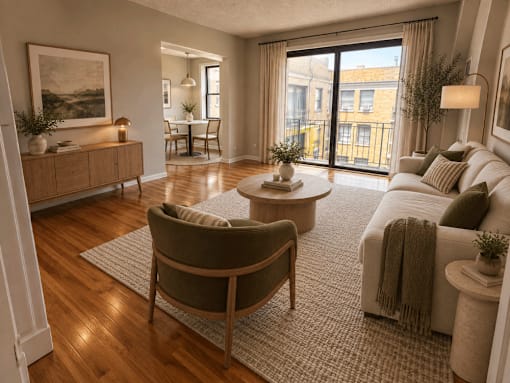 A living room with a brown chair and a white couch.
