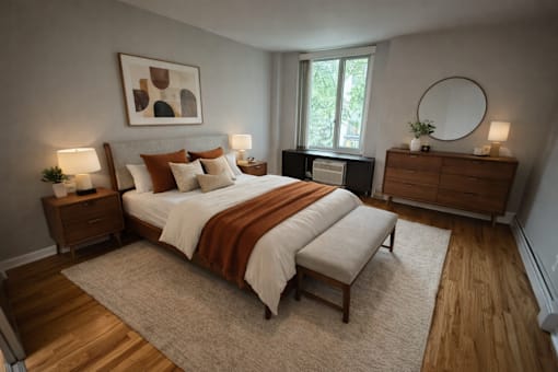 A bedroom with a large bed, a nightstand, and a side table with lamps.