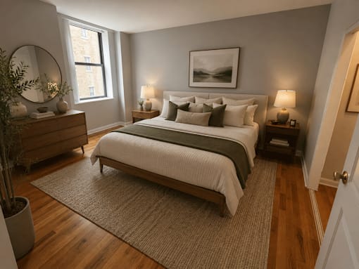 A bedroom with a large bed, a dresser, and a potted plant.