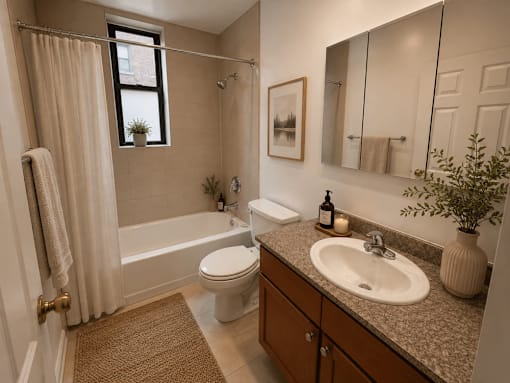 A bathroom with a toilet, sink, and shower.