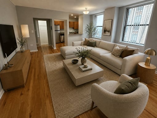 A living room with a white couch and a grey armchair.