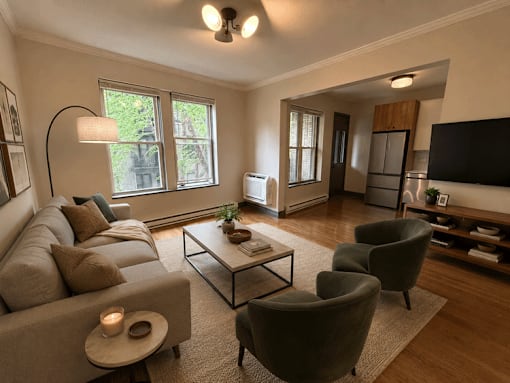 A living room with a grey couch, a coffee table, and a television.