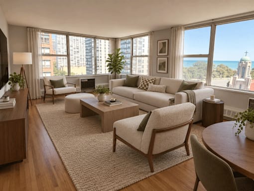 A living room with a large window overlooking the city.