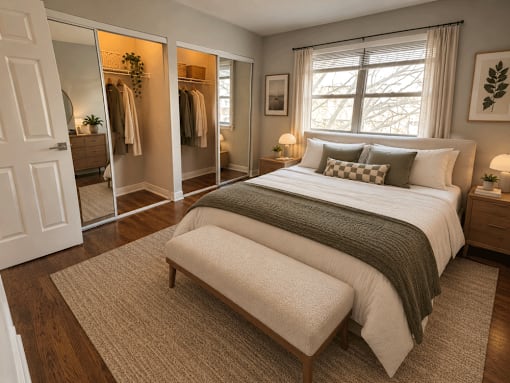 A bedroom with a large bed and a bench in front of it.