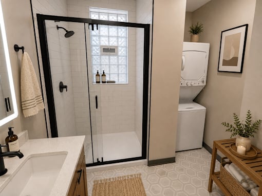 A bathroom with a white sink and a glass shower door.