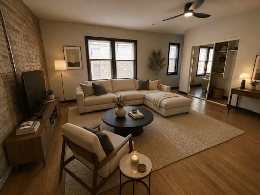 A living room with a brick wall and a white couch.
