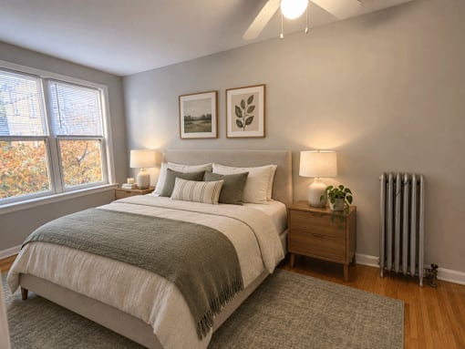 A bedroom with a bed, nightstand, and window.