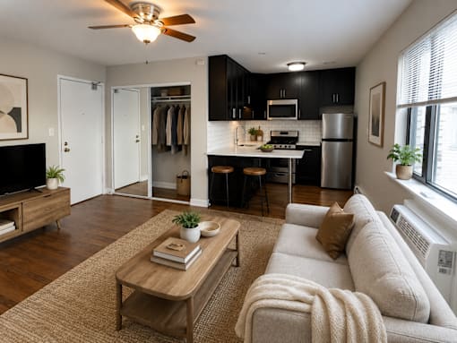 A living room with a couch, a coffee table, and a ceiling fan.