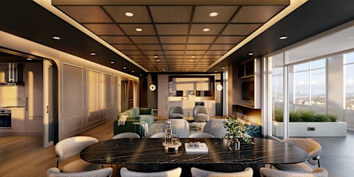 A modern dining room with a large table and chairs.