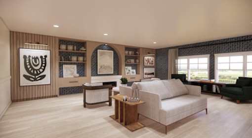 Comfortable living room with sectional sofa and built in entertainment center at Chestnut Oaks Apartments, Maryland