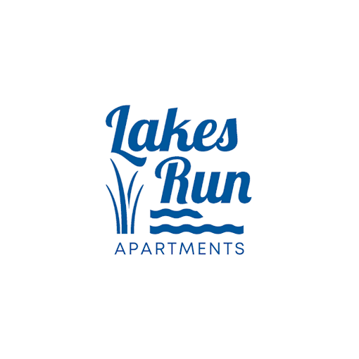 A logo for Lakes Run Apartments with blue text and design elements.
