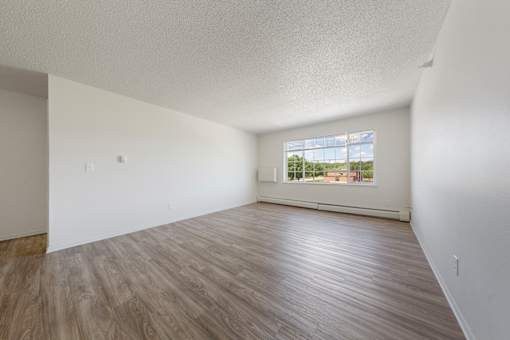 Empty room with wooden flooring and a window.