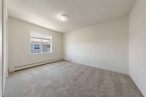 A room with a carpeted floor and a window.