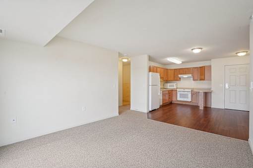 A spacious living room with a kitchen in the background.