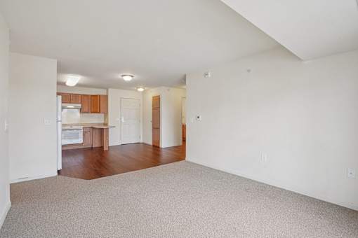 A large empty room with a kitchen area in the background.