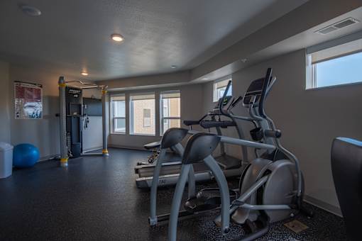 A gym with a rowing machine, a treadmill, and a blue exercise ball.